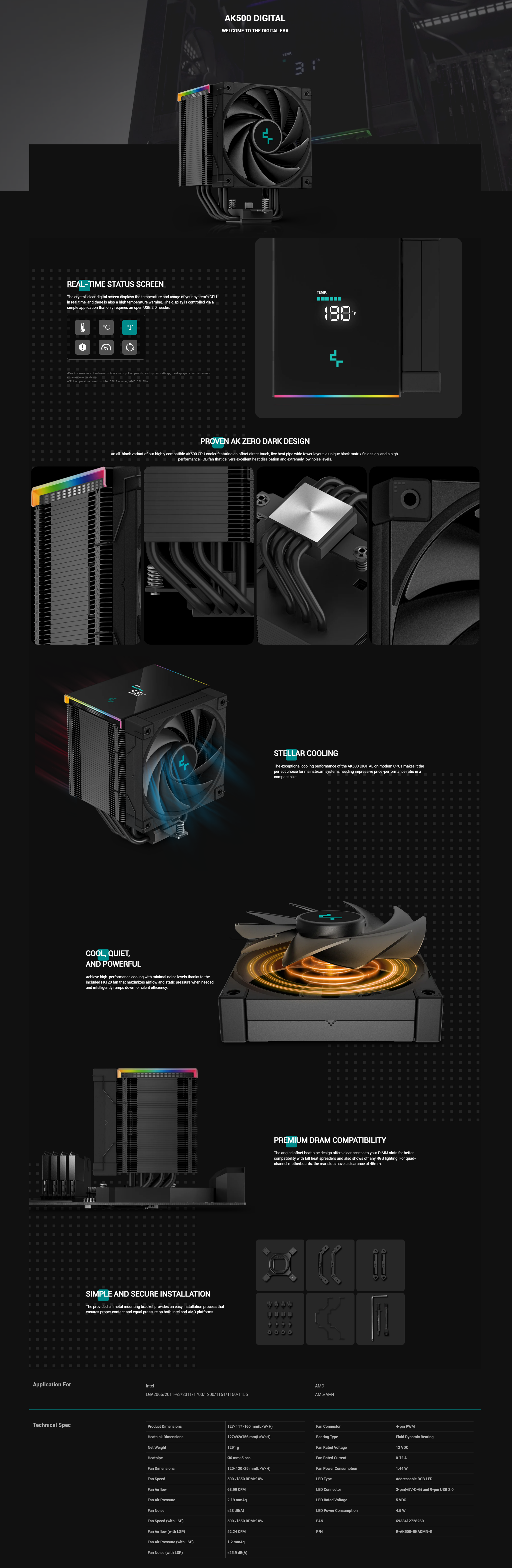 A large marketing image providing additional information about the product DeepCool AK500 Zero Dark Digital CPU Cooler - Black - Additional alt info not provided